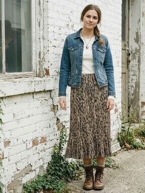 Prairie Abstract Dash Print Flared Midi Skirt Earth Tone Cottagecore SZ M